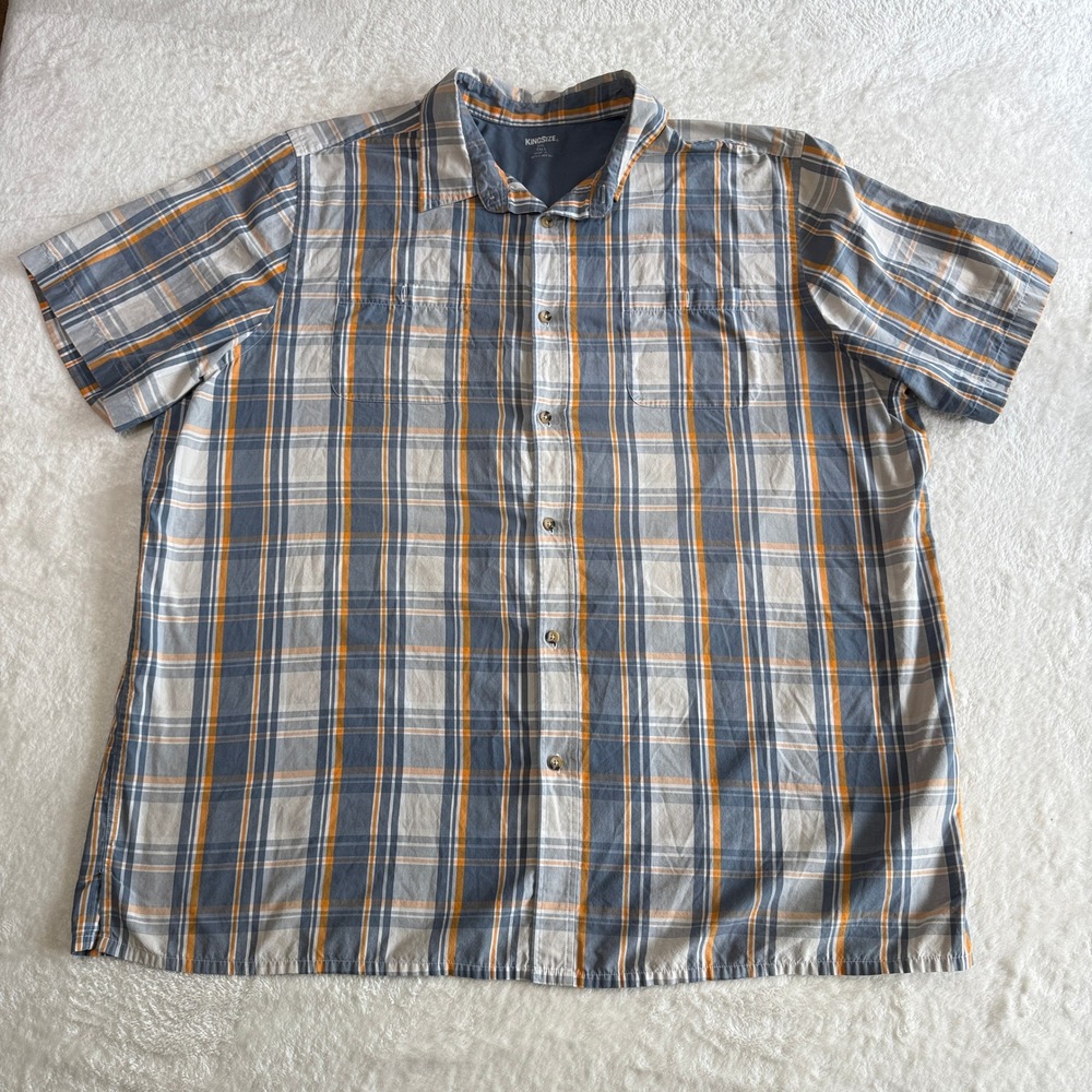 KingSize Mens‎ 3XL Tall 3XLT Plaid Button Down Short Sleeve Shirt Blue Orange